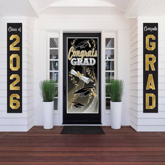 Beistle 6ft. Black & Gold Jointed Foil Graduation Pull-Down Cutouts, 2ct.